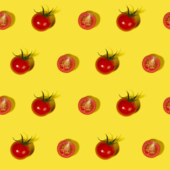 Ripe cherry tomato with shadow on yellow background, top view, food color seamless pattern, square.