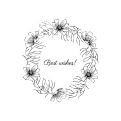 Decorative botanical wreath, round frame Cosmos flower, kosmeya hand drawn doodle ink sketch illustration, wild kosmos flower astra, floral design for greeting card, wedding invite, cosmetic © m_e_l