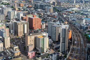 city skyline aerial view of Sendai in Japan