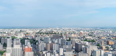 city skyline aerial view of Sendai in Japan