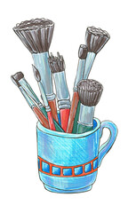 A set of brushes for applying makeup. Brushes in a blue cup. Hand drawing.