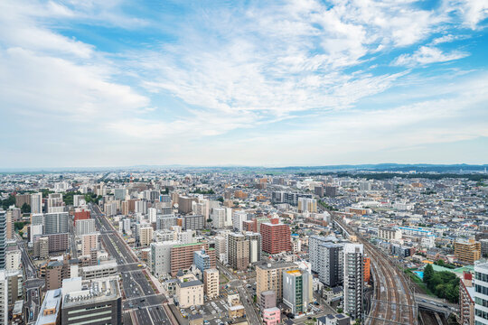 city skyline aerial view of Sendai in Japan