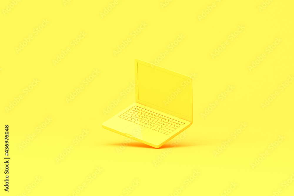 Poster 3d rendering of laptop on yellow background. Minimal mockup idea.