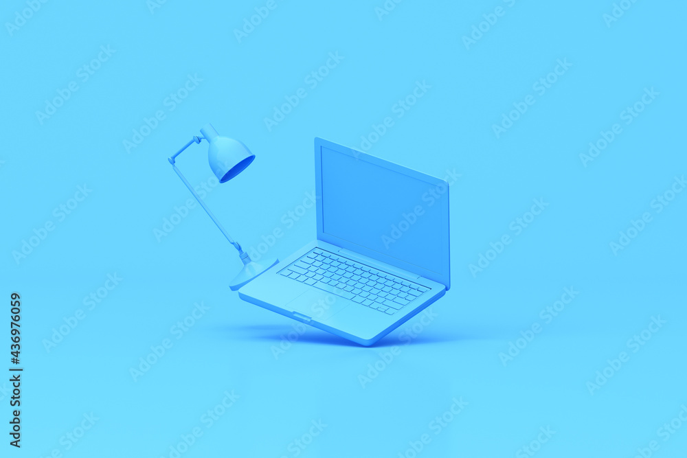 Poster 3d rendering of laptop and lamp on blue background. Minimal mockup idea.
