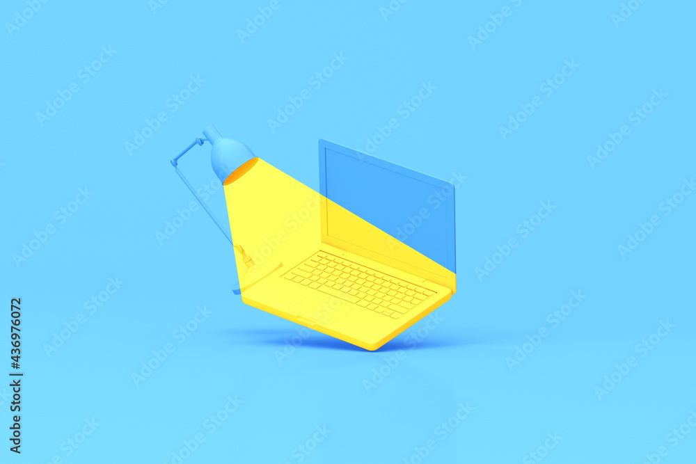Poster 3d rendering of laptop and lamp on blue background. minimal creative idea.