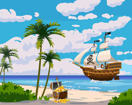 Tropical Island Pirate ship under sail in ocean, treasure cheast, tropical, palms. Sea landscape coast, beach, sand, adventure, game. Vector illustration