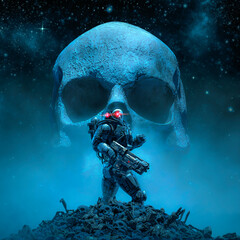 Cyberpunk soldier skull moon / 3D illustration of science fiction military robot warrior standing amid rubble in outer space with giant scary human skull shaped moon © grandeduc
