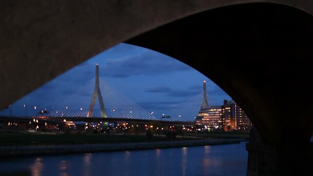 Boston Zakim bridge view through stone bridge