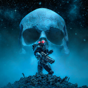 Cyberpunk soldier skull moon / 3D illustration of science fiction military robot warrior standing amid rubble in outer space with giant scary human skull shaped moon