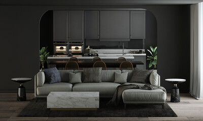 Home and decoration mock up furniture and interior design of living room and dining and kitchen space and black wall texture background, 3d rendering