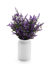 Subject shot of white ceramic vase with bunch of violet wildflowers. Bouquet of plant for interior decorating is isolated on the white background. 