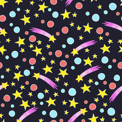 Starry sky: space, stars, meteorites, planets. Seamless pattern. Vector image.
Space children's bright illustration for textiles and backgrounds