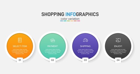 Concept of shopping process with 4 successive steps. Four colorful graphic elements. Timeline design for brochure, presentation, web site. Infographic design layout.