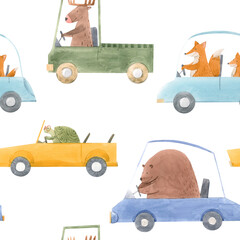 Beautiful seamless baby pattern with cute hand drawn watercolor animal drivers in cars. Stock illustration. © zenina