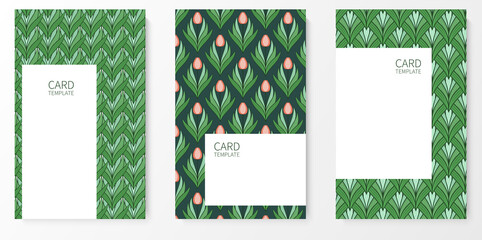 Set of posters, backgrounds with flowers and foliage of tulips. Ornaments and textures from spring flowers. Wreaths, frames with place for text. Cute natural motif for invitations and cards. Vector.