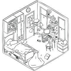 coloring Book: An isometric room for a nerd boy.many small details of the interior. cartoon and comic style.vector flat style. square horizontal black and white