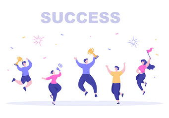 Success Vector Illustration Of Achieving Vision, Goal, Planning, Target, Strategy, Action, Consistency To Success. Landing Page Template