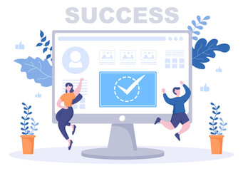 Success Vector Illustration Of Achieving Vision, Goal, Planning, Target, Strategy, Action, Consistency To Success. Landing Page Template