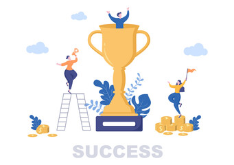 Success Vector Illustration Of Achieving Vision, Goal, Planning, Target, Strategy, Action, Consistency To Success. Landing Page Template