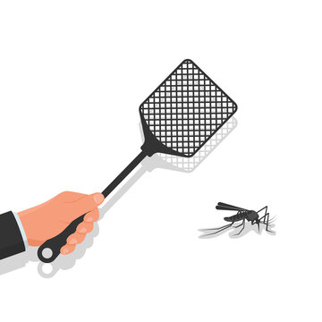 Kill Mosquita. Red fluff in man hands. Carton icon. Vector illustration flat design. Isolated on white background. Homemade manual equipment to get rid of insects.