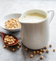 Soy milk and soy on the table