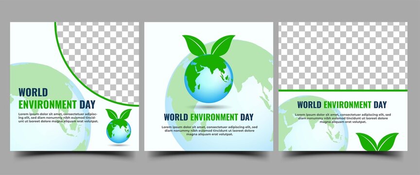 World Environment Day Social Media Template. Set of Square Banner Template Design With Globe and Leaf illustration. Vector Design with Place for The Photo.
