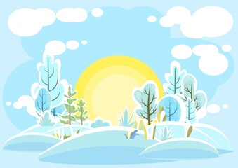 Fototapeta na wymiar Winter landscape. Beautiful frosty view with snow-covered trees. Sun. Illustration in a simple flat symbolic style. A funny scene. Comic cartoon design. Country wild plants, drifts. Vector