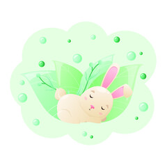 A cute rabbit sleeps in green leaves. Children's illustration of forest animals.