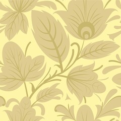 Floral ornament. Seamless pattern. Beautiful interlacing of branches and flowers. Illustration in a simple flat symbolic style. Funny. Rural. Vector