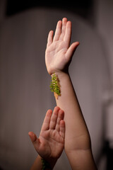 Ecology and against vaccination concept, close-up of hands of little girl with fern sprigs pasted...