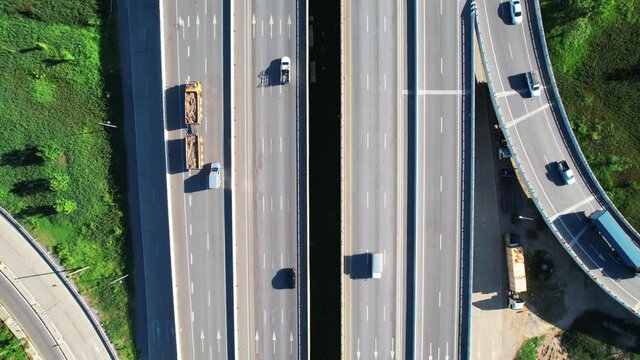 Highway traffic. Aerial shot, top-down view