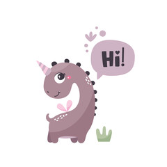 Cute vector card with Dinosaur Girl character, speech bubble, plants and graphic elements in trendy colors