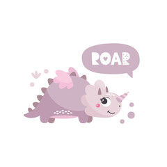 Cute vector card with Dinosaur triceratops Girl character, speech bubble, plants and graphic elements in trendy colors