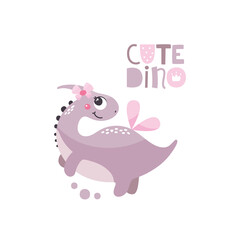 Cute vector card with Dinosaur Girl character with tag cute dino and graphic elements in trendy colors