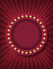 Brightly glowing circle retro cinema neon sign. Circus style show vertical banner template. Background vector poster image - obrazy, fototapety, plakaty