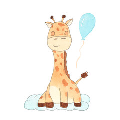 Children's poster of a giraffe sitting on a cloud. Watercolor drawing of a giraffe. Tropical baby animal illustration. Print for wallpaper, fabric, postcards.