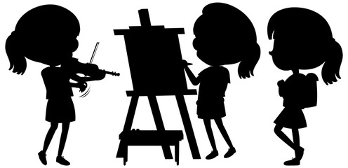 Cartoon character of kids silhouette on white background