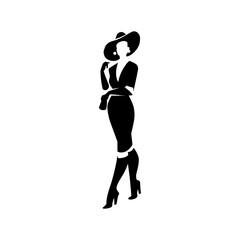 Beautiful young lady portrait isolated. Awesome model in stylish dress black hand drawn silhouette. Vector flat illustration. For emblem, tag, logo, banner etc.