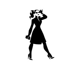 Beautiful young lady portrait isolated. Awesome model in stylish coat black hand drawn silhouette. Vector flat illustration. For emblem, tag, logo, banner etc.