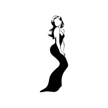 Beautiful young lady portrait isolated. Awesome model in stylish dress black hand drawn silhouette. Vector flat illustration. For emblem, tag, logo, banner etc.
