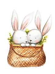 Watercolor bunnies in a basket. Easter concept. Springtime. Cute animals.