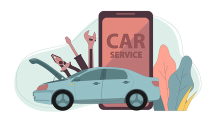 Online car service. Application for car service and repair. Fulltime service. Vector isolated illustration on white background.