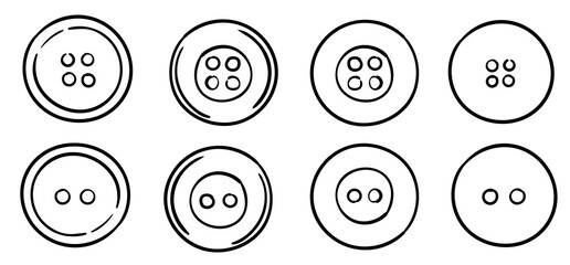 Set of eight doodle different buttons. Black and white vector illustration.
