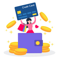 Woman in wallet with shopping bags and carry a credit card. The creative banking concept of cashback from payment. Simple trendy cute cartoon character vector illustration. Modern flat style graphic.