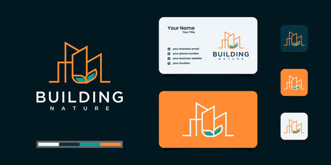 Building and leaves logo inspirational with line art style logo and business card
