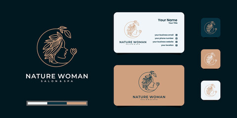 Creative beauty woman hair salon combine with nature concept, logo and business card design.