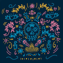 Day of the Dead beautiful pattern greeting card. Background with skull on dark for Halloween greetings in Mexico. Vector children's illustration of a doodle background with bones. Vector illustration