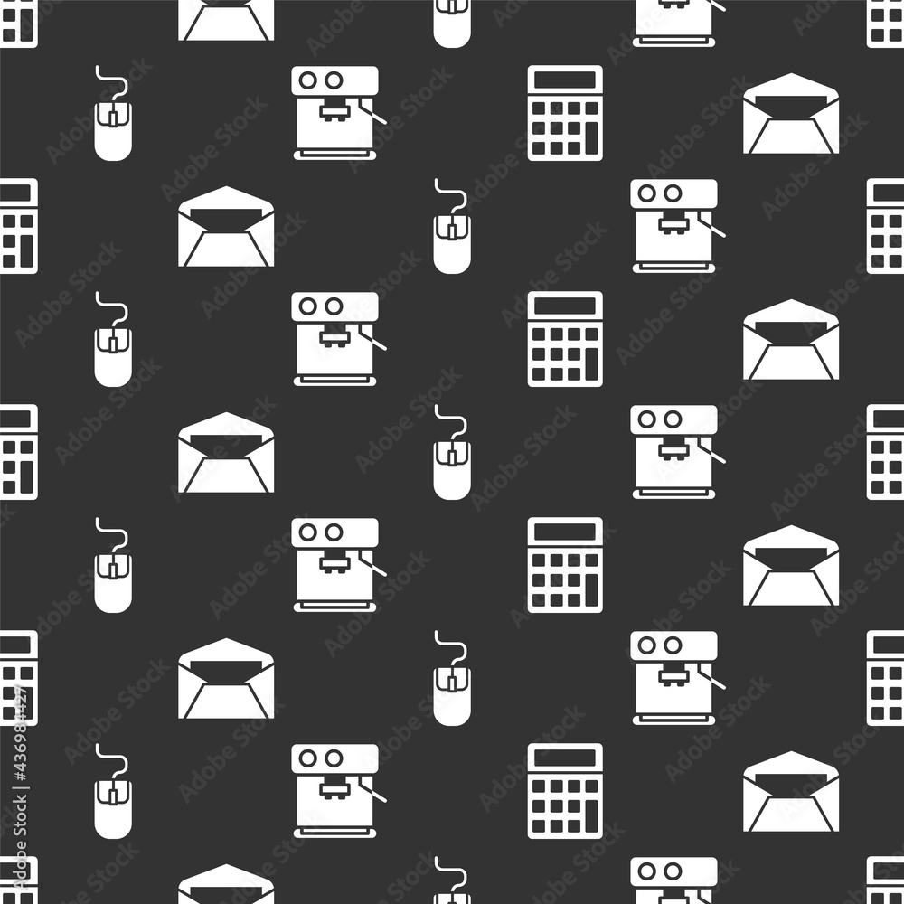Aufkleber set calculator, envelope, computer mouse and coffee machine on seamless pattern. vector