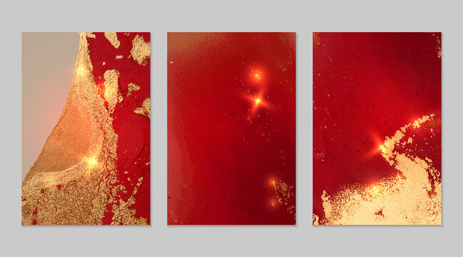Set of marble patterns. Dark red and gold geode textures with glitter. Abstract vector background in alcohol ink technique. Modern paint with sparkles. Backdrops for banner, poster. Fluid art