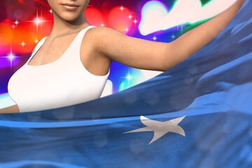 young lady holds Somalia flag in front on the party lights - flag concept 3d illustration - obrazy, fototapety, plakaty